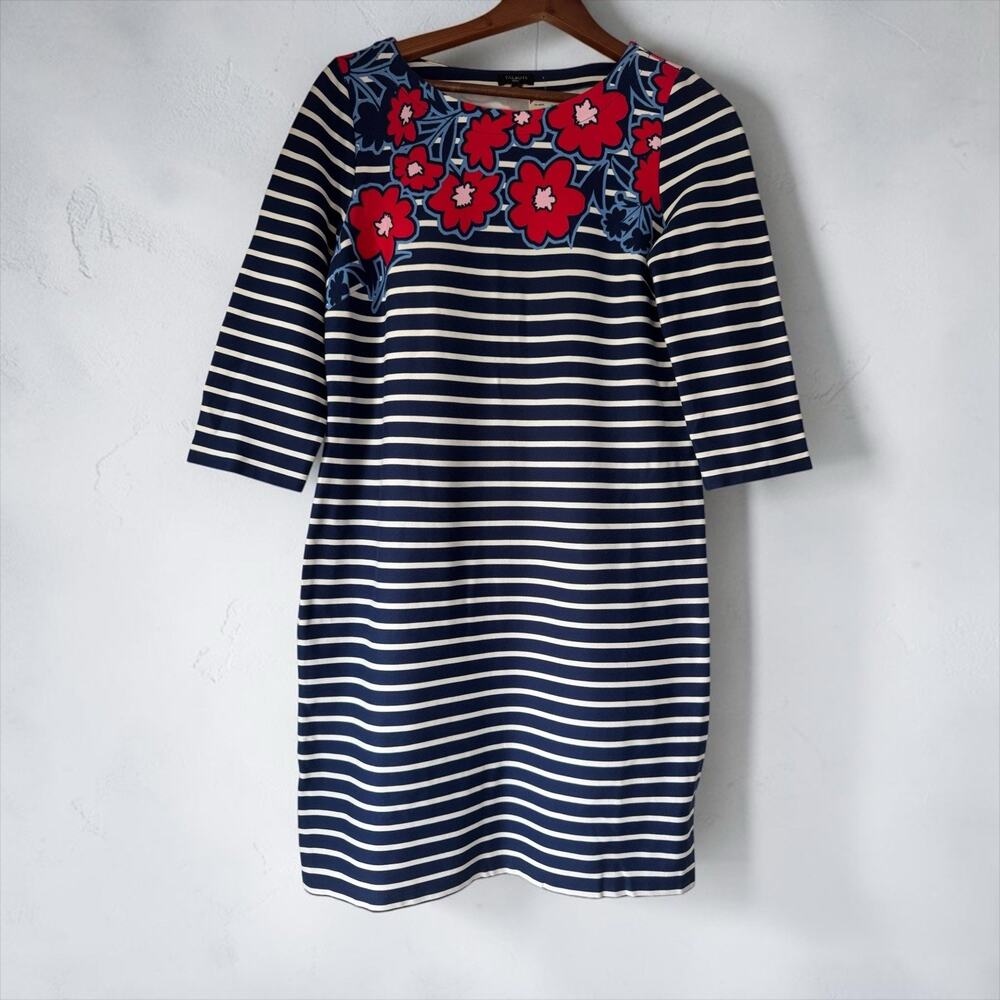 Talbots Petites Women's Navy Striped Floral Dress Size MP 3/4 Sleeves Coastal